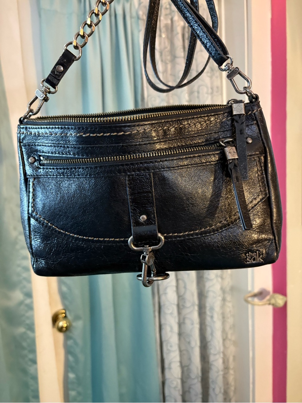 The Sak Black Leather Crossbody with Chain Accent